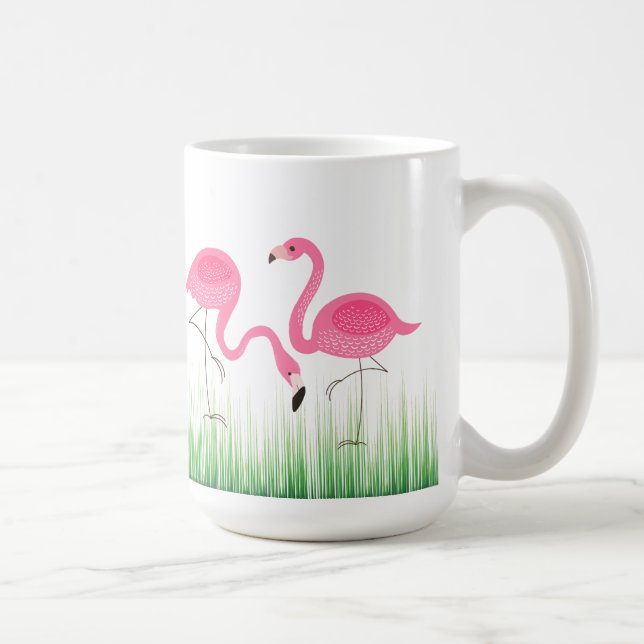 Pink Flamingos On Green Grass Coffee Mug (Right)