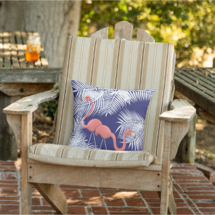 Pink Flamingos on Navy Blue and White Palm Leaves Outdoor Pillow