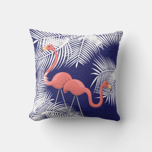 Pink Flamingos on Navy Blue and White Palm Leaves Throw Pillow