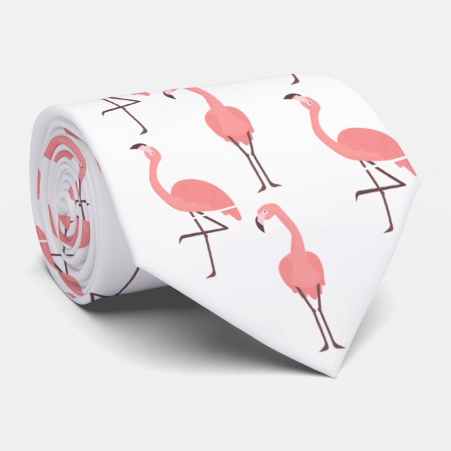 Pink Flamingos On White Neck Tie (Rolled)