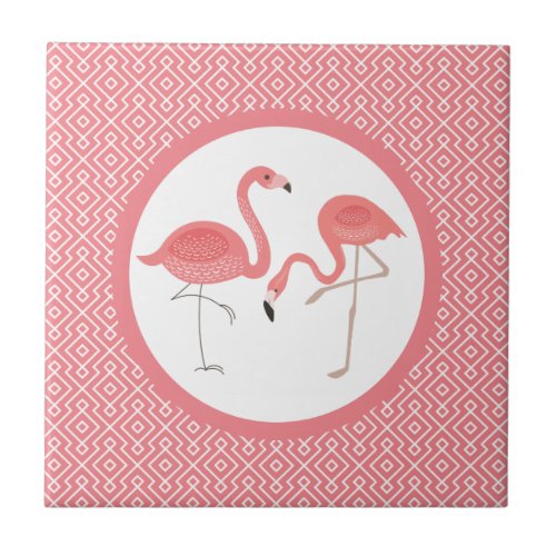 Pink Flamingos On White  Pink Geometric Pattern Ceramic Tile