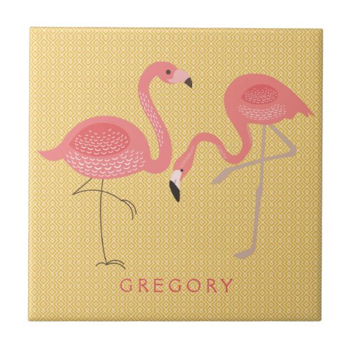 Pink Flamingos On White  Yellow Geometric Pattern Tile