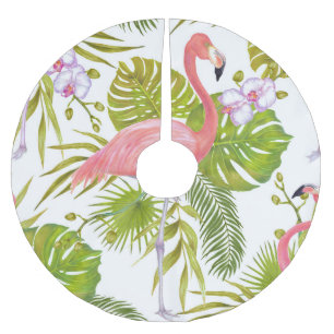 Pink flamingos, orchids: watercolor pattern. brushed polyester tree skirt