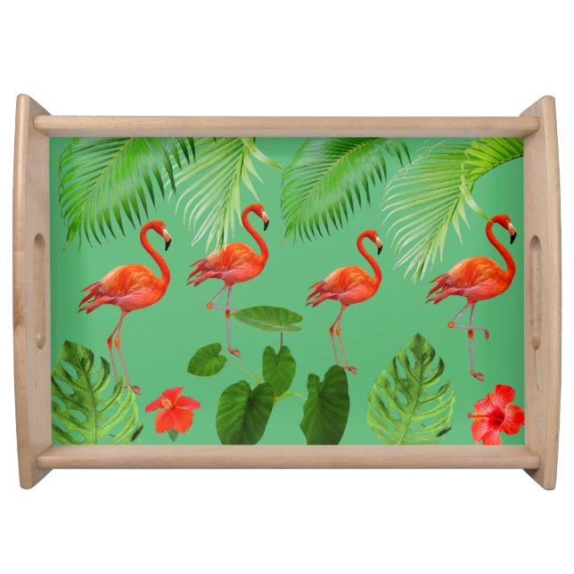 Pink Flamingos & Palm Leaves on Green Serving Tray (Front)