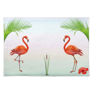 Pink Flamingos & Palm Leaves on Pastel Colors Cloth Placemat