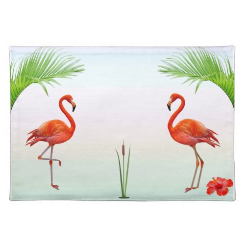 Pink Flamingos  Palm Leaves on Pastel Colors Cloth Placemat