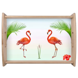 Pink Flamingos & Palm Leaves on Pastel Colors