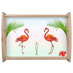 Pink Flamingos & Palm Leaves on Pastel Colors Serving Tray