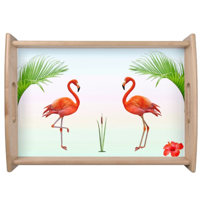Pink Flamingos & Palm Leaves on Pastel Colors Serving Tray (Front)