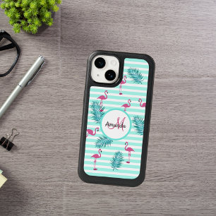 Pink flamingos palm leaves stripes green white OtterBox samsung galaxy s6 case