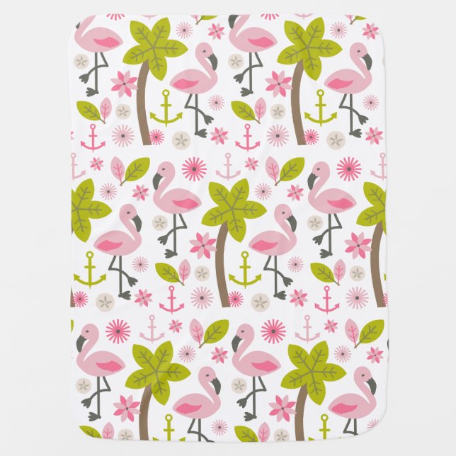 Pink Flamingos + Palm Trees Baby Blanket (Front)