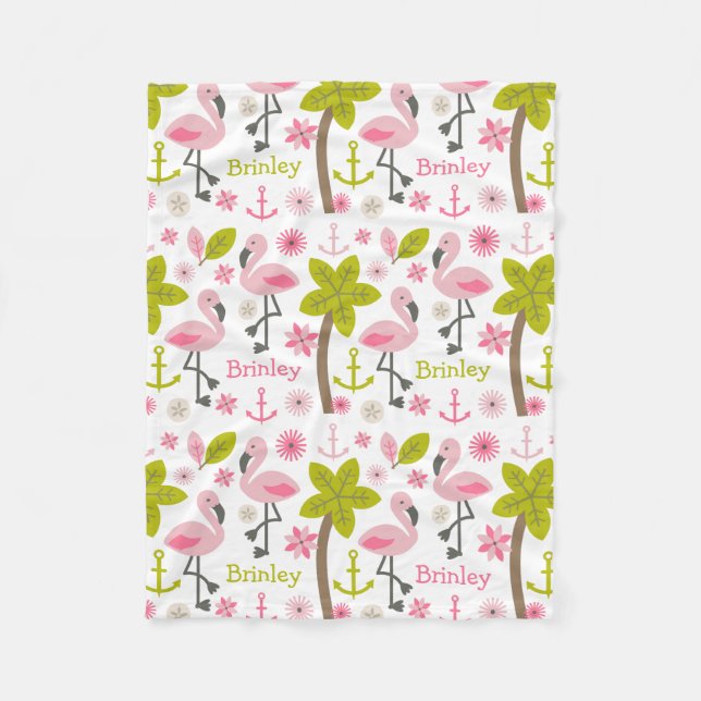 Pink Flamingos Palm Trees Beach Personalized Fleece Blanket (Front)