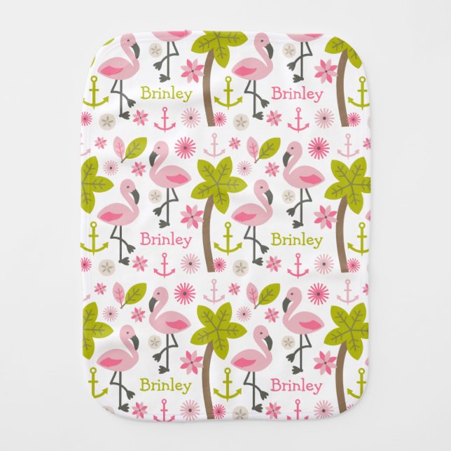 Pink Flamingos Personalized Burp Cloth (Front)