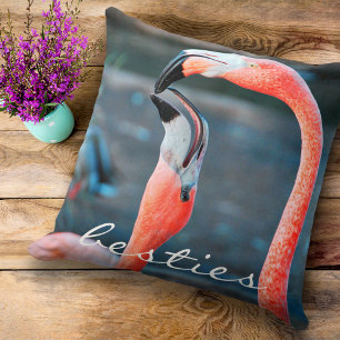 Pink Flamingos Photo Besties Script Bold Modern Throw Pillow