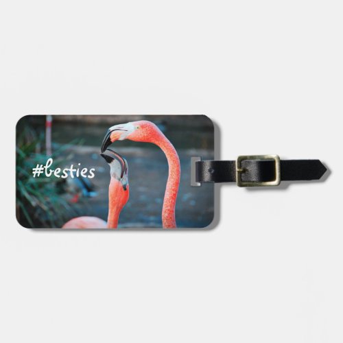 Pink Flamingos Photo Besties Script Stylish Modern Luggage Tag