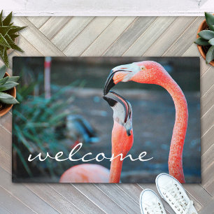 Pink Flamingos Photo Welcome Script Modern Stylish Doormat