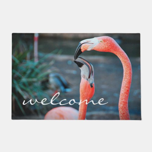 Pink Flamingos Photo Welcome Script Modern Stylish Doormat