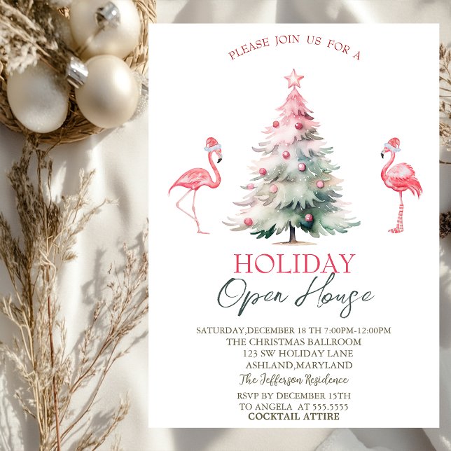 Pink Flamingos Pine Tree Holiday Open House  Invitation (Creator Uploaded)