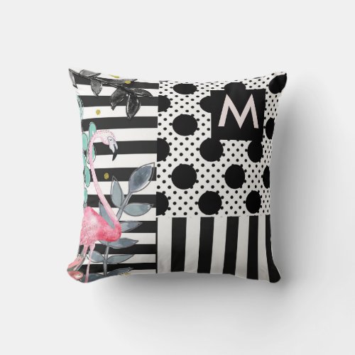 Pink Flamingos Polka Dots Black  White Fun Throw Pillow