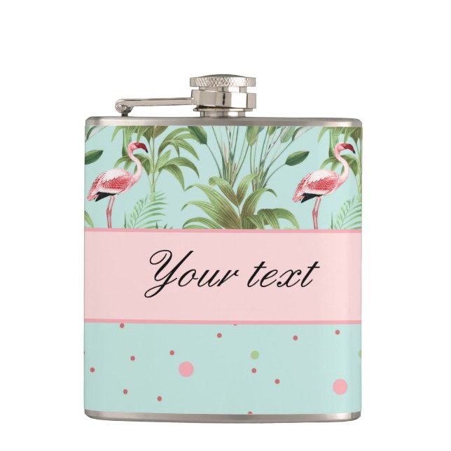 Pink Flamingos Polka Dots Hip Flask (Front)