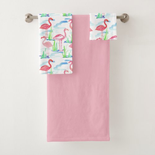 Pink Flamingos Pond Birds Bath Towel Set