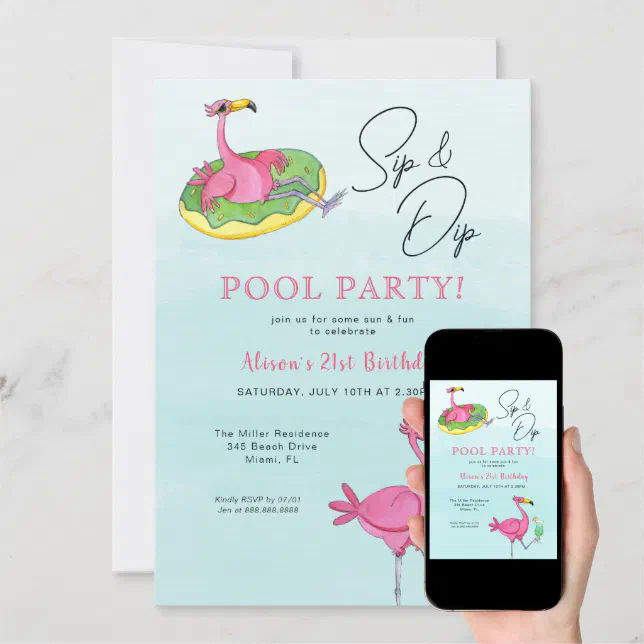 Pink Flamingos Pool Birthday Party Invitation Zazzle