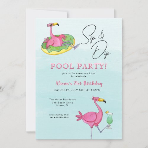 Pink Flamingos Pool Birthday party Invitation