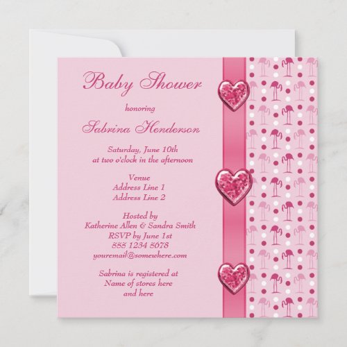 Pink Flamingos Printed Bow  Heart Baby Shower Invitation