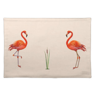 Pink Flamingos & Reed Plant on Champagne Beige Cloth Placemat