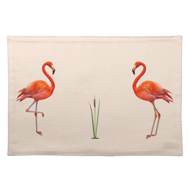 Pink Flamingos & Reed Plant on Champagne Beige Cloth Placemat (Front)