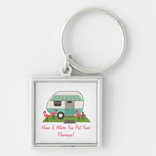 Pink Flamingos & Retro Camper Keychain (Front)