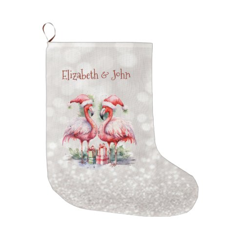 Pink Flamingos Santa Hat Presents Glittery Bokeh Large Christmas Stocking