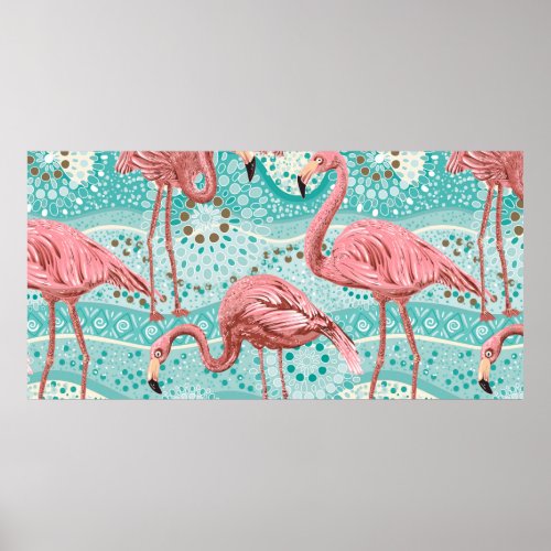 Pink flamingos seamless pattern poster