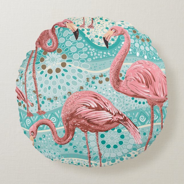 Pink flamingos seamless pattern round pillow (Front)