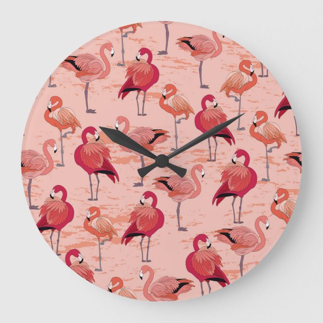 Pink Flamingos: Seamless Tropical Pattern Large Clock (Front)