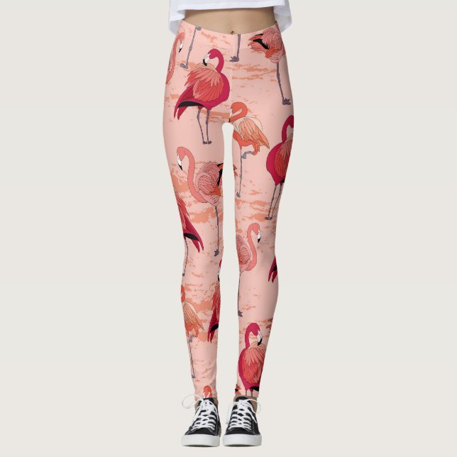 Pink Flamingos: Seamless Tropical Pattern Leggings (Front)
