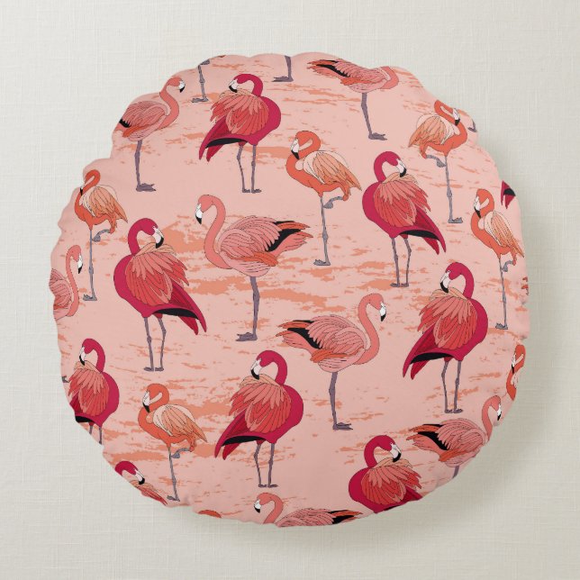 Pink Flamingos: Seamless Tropical Pattern Round Pillow (Front)