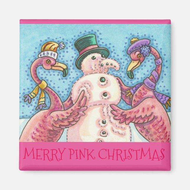 Pink Flamingo's Snowman CHRISTMAS MAGNET (Front)