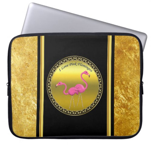 Pink Flamingos standing together gold foil texture Laptop Sleeve