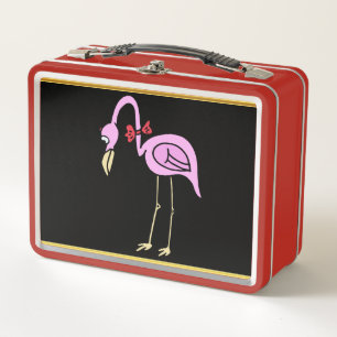 Pink Flamingos standing with a red bow tie Metal Lunch Box