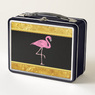 Pink Flamingos standing with gold foil texture 3 Metal Lunch Box