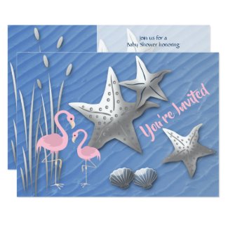 Pink Flamingos, Starfish Beach Baby Shower Invite