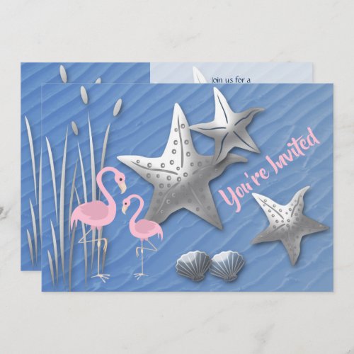 Pink Flamingos Starfish Beach Baby Shower Invite