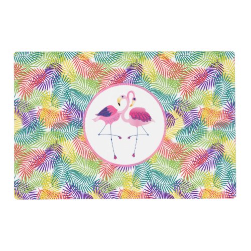 Pink Flamingos  Stylized Tropical Palm Leafs Placemat