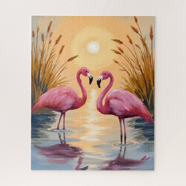 Pink Flamingos Sunset Animal Painting Jigsaw Puzzle (Vertical)