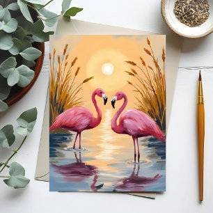 Pink Flamingos Sunset Animal Painting Postcard