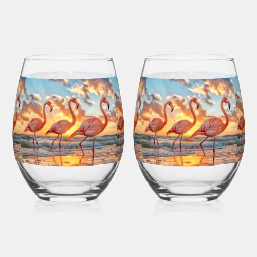 Pink Flamingos Sunset Ocean Tropical Sky Clouds  Stemless Wine Glass