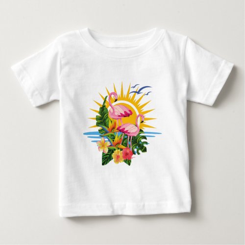 Pink Flamingos Sunshine and Flowers Baby T_Shirt