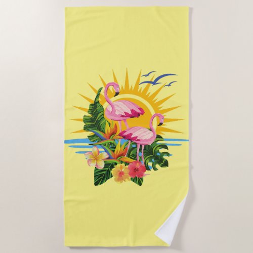 Pink Flamingos Sunshine and Flowers Yellow Beach Towel