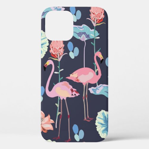 Pink flamingos surrounded by lotus flowers and pro iPhone 12 case